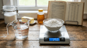 Plan de travail de cuisine avec une balance affichant 250 g de farine et un verre doseur avec 250 ml d'eau, illustrant le guide de conversion 250 gr en ml pour différents ingrédients.