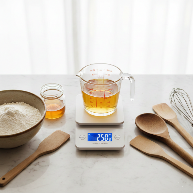 Mesure de 250 gr en ml avec une balance et un verre doseur pour réussir vos recettes